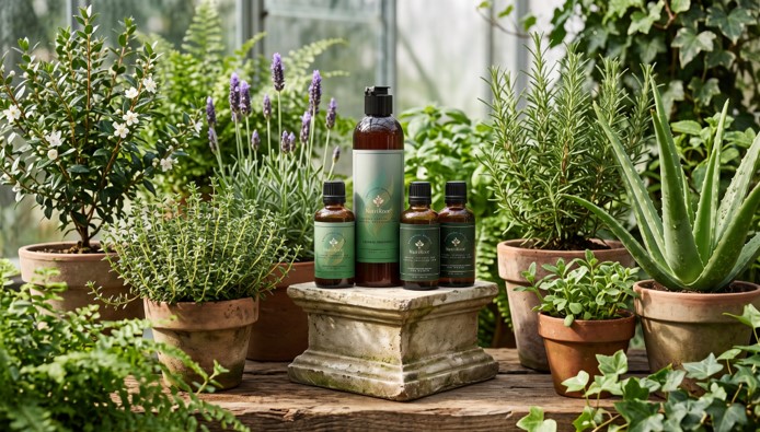 Plant-based hair regrowth products displayed among lush greenery, featuring bottles of NutriRoot's formula in a serene setting.
