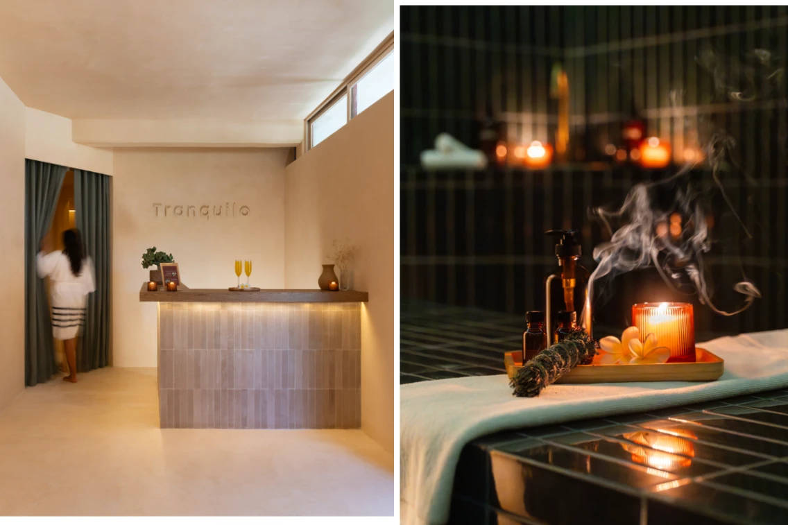 Tranquilo Spa interior featuring a welcoming reception and calming ambiance with candles and essential oils.