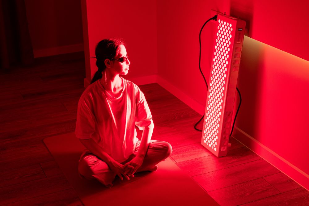 A person sits cross-legged on the floor, using a red LED body panel in a dimly lit room for light therapy.