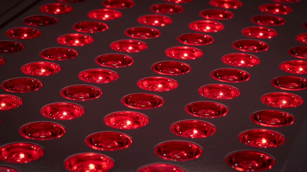 Rows of circular LED lights emitting red light, used in the setup of an LED body panel for therapeutic purposes at home.