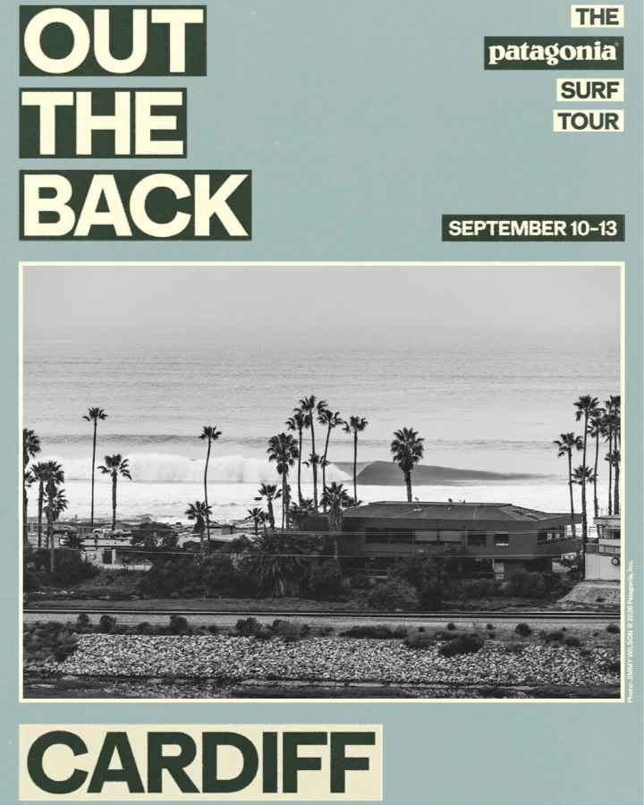 Promotion for the Patagonia surf tour in Cardiff, featuring scenic waves and palm trees. Event dates: September 10-13.