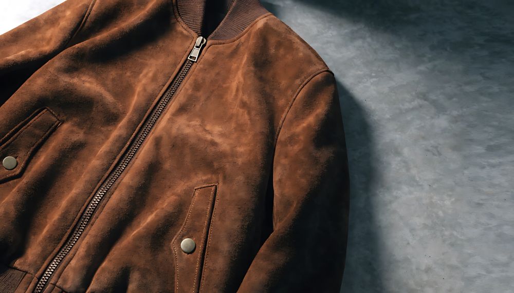Brown suede bomber jacket styled against a textured background, showcasing modern luxury for fall 2026 men's fashion.