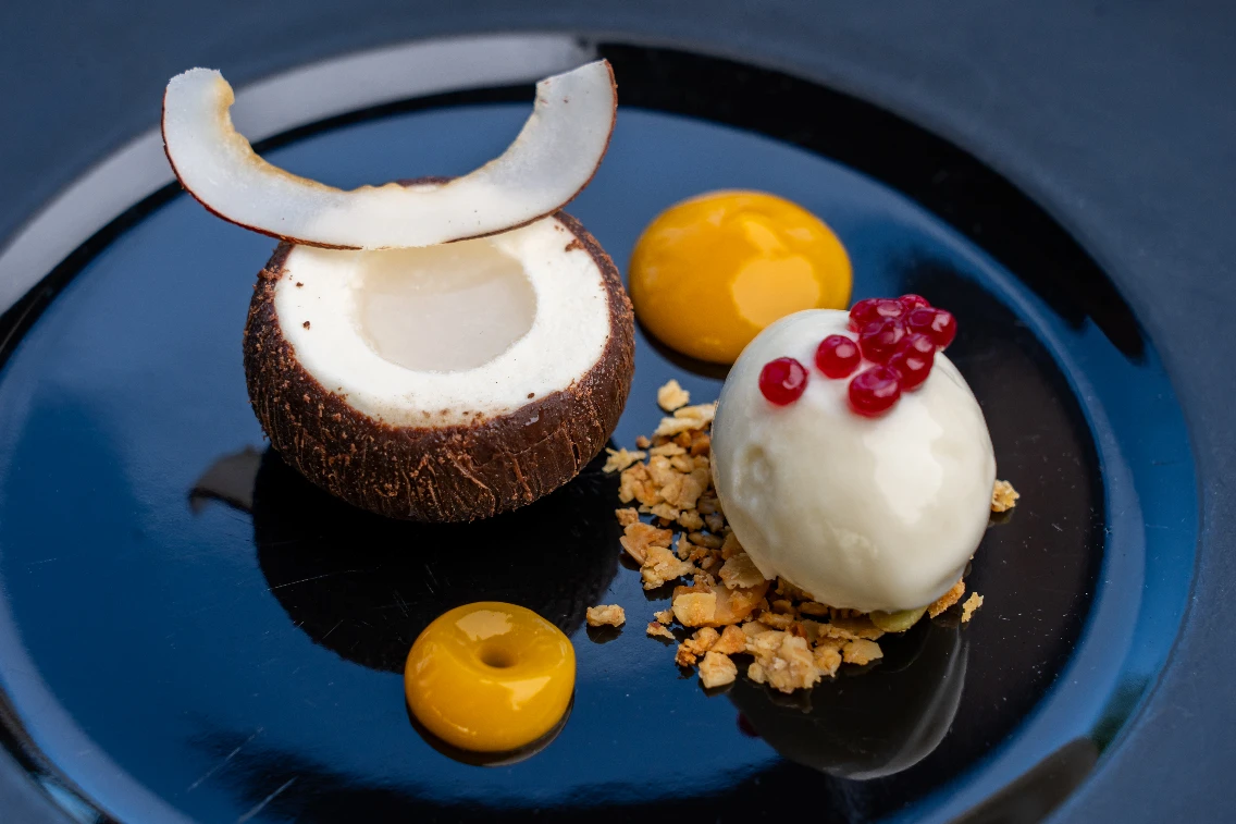 Dessert featuring coconut shell filled with white cream, a smooth orb, yellow sauce, and crunchy granola on a black plate.