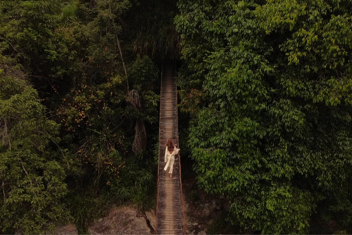 A person walking on a hanging bridge surrounded by lush green trees at Santani wellness retreat in Sri Lanka.
