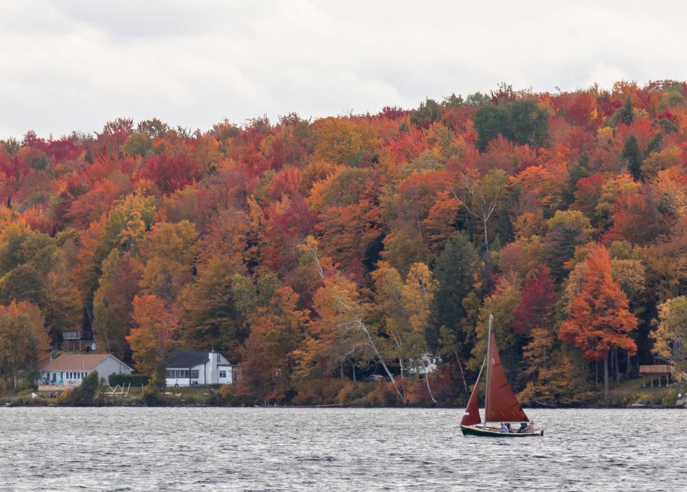 Sailboat on a lake surrounded by vibrant autumn foliage in Stowe, Vermont.