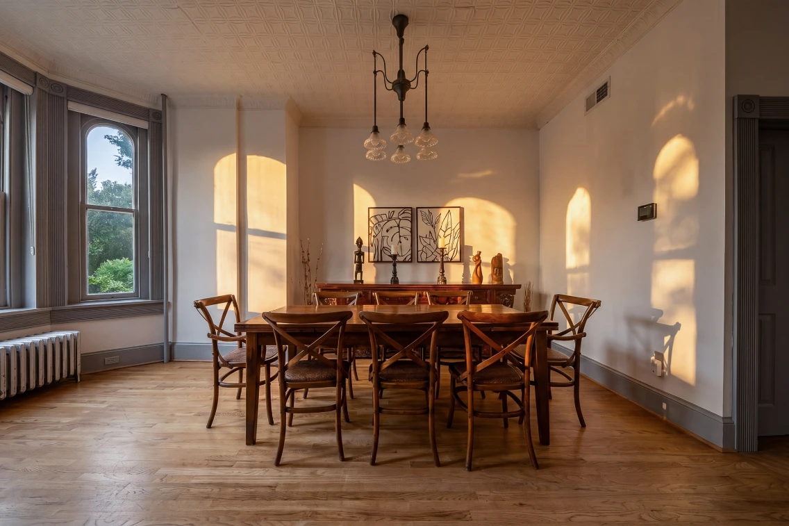 Bright dining room with wooden table, chairs, and soft shadows from large windows illuminating the Victorian-style decor.