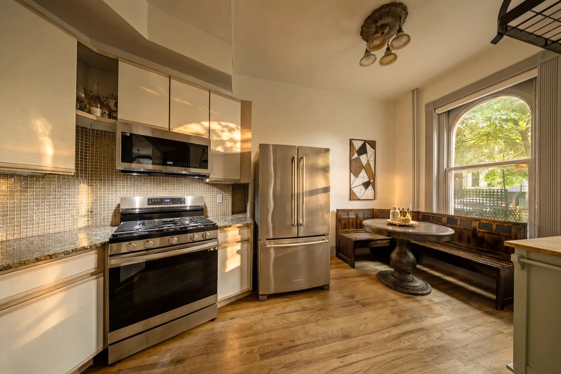 Victorian kitchen featuring modern appliances, light wood floors, and a cozy dining area with a round table and bench seating.