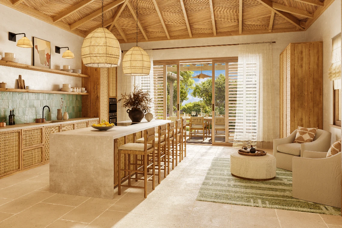 Stylish interior of a Barbuda Nobu resort residence featuring a kitchen, bar seating, and natural light flooding in from outdoor views.