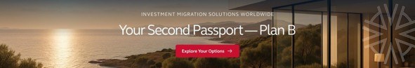Sunset view over a tranquil sea with modern architecture and the text "Your Second Passport — Plan B" prominently displayed.