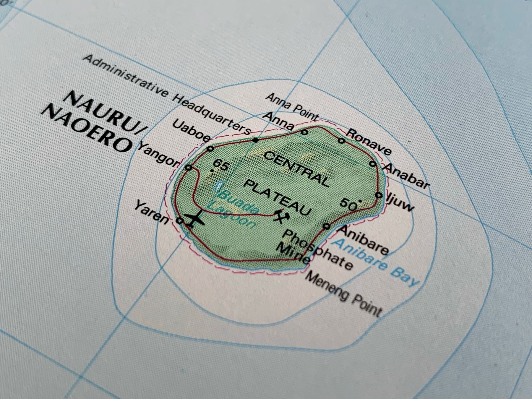 Map of Nauru showing geographical features, including the Central Plateau and annotations of locations.