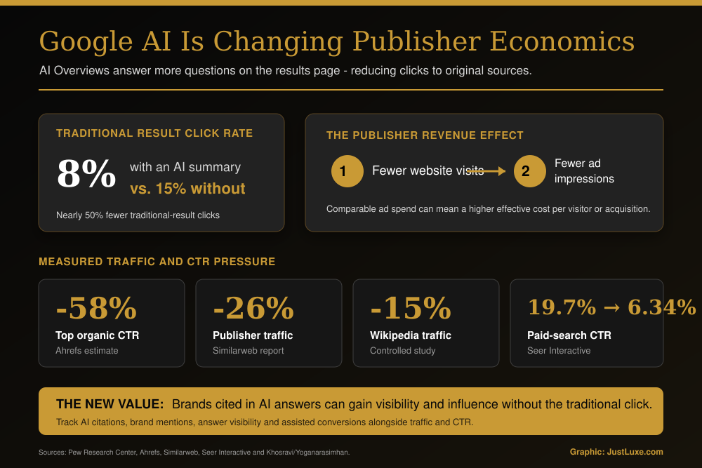 Infographic on how Google AI is impacting publisher economics, featuring traffic changes and effects on revenue and visibility.