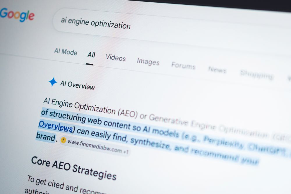Search results page displaying information about AI engine optimization and related strategies.
