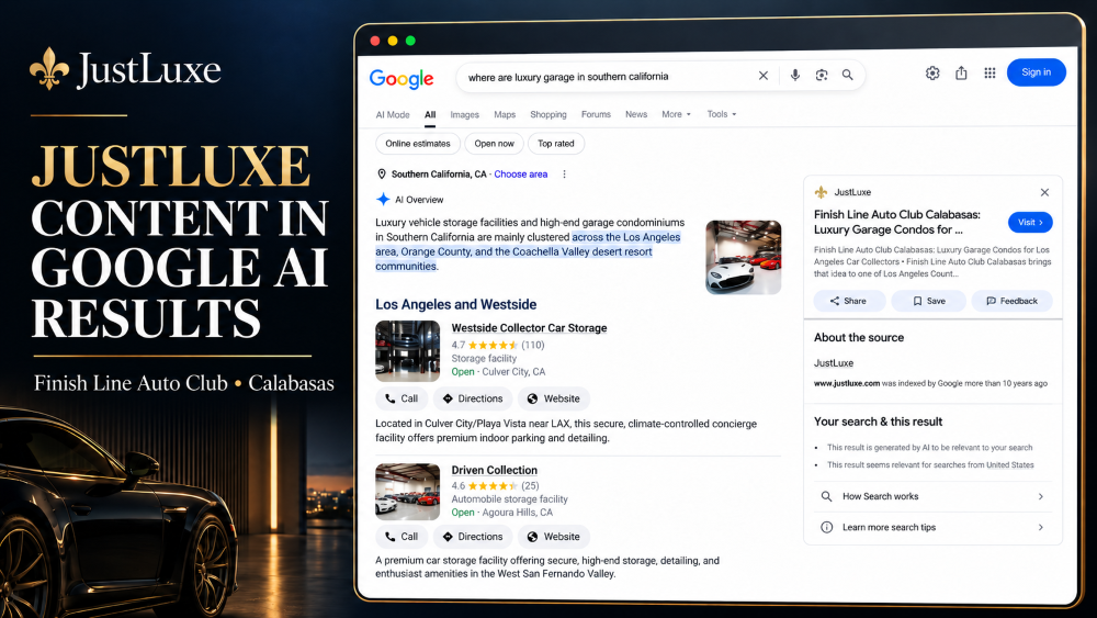 Just Luxe content displayed in Google AI results, showcasing luxury storage facilities and auto club information for Southern California.