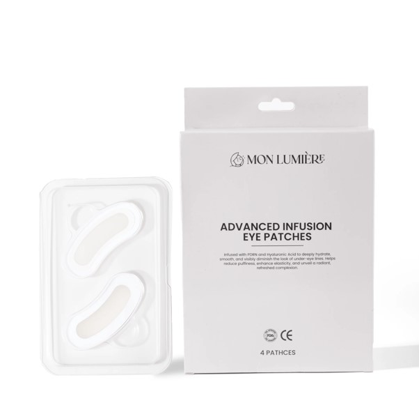 Microneedle eye patches packaging showcasing advanced infusion technology for hydration and reducing under-eye puffiness.