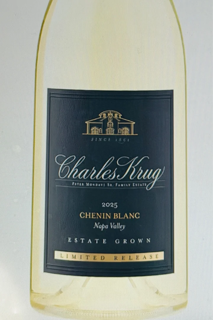 2025 Charles Krug limited release Chenin Blanc wine bottle from Napa Valley, featuring a detailed label design.