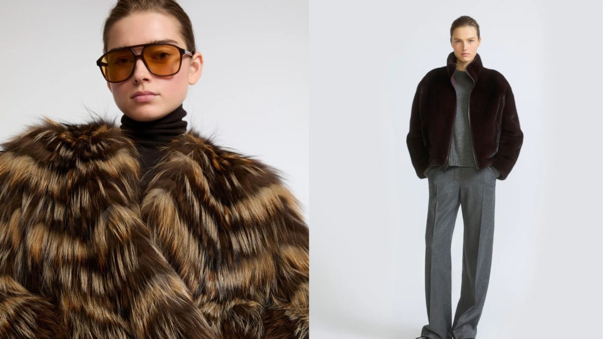 Model wearing a designer fur coat with bold sunglasses on the left, and a stylish dark fur jacket on the right.