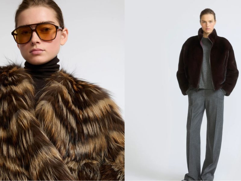 Model wearing a designer fur coat with bold sunglasses on the left, and a stylish dark fur jacket on the right.