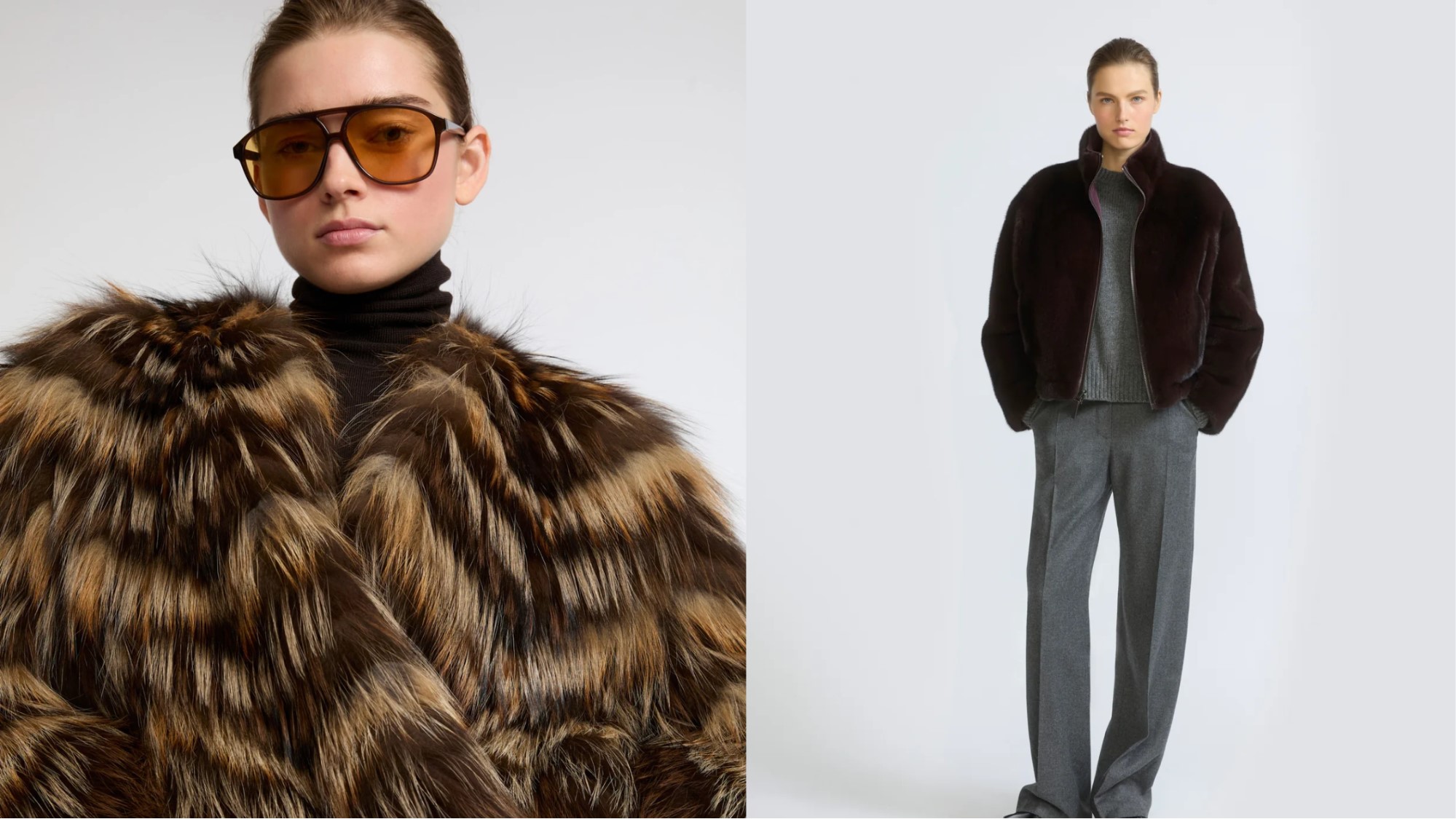 Model wearing a designer fur coat with bold sunglasses on the left, and a stylish dark fur jacket on the right.