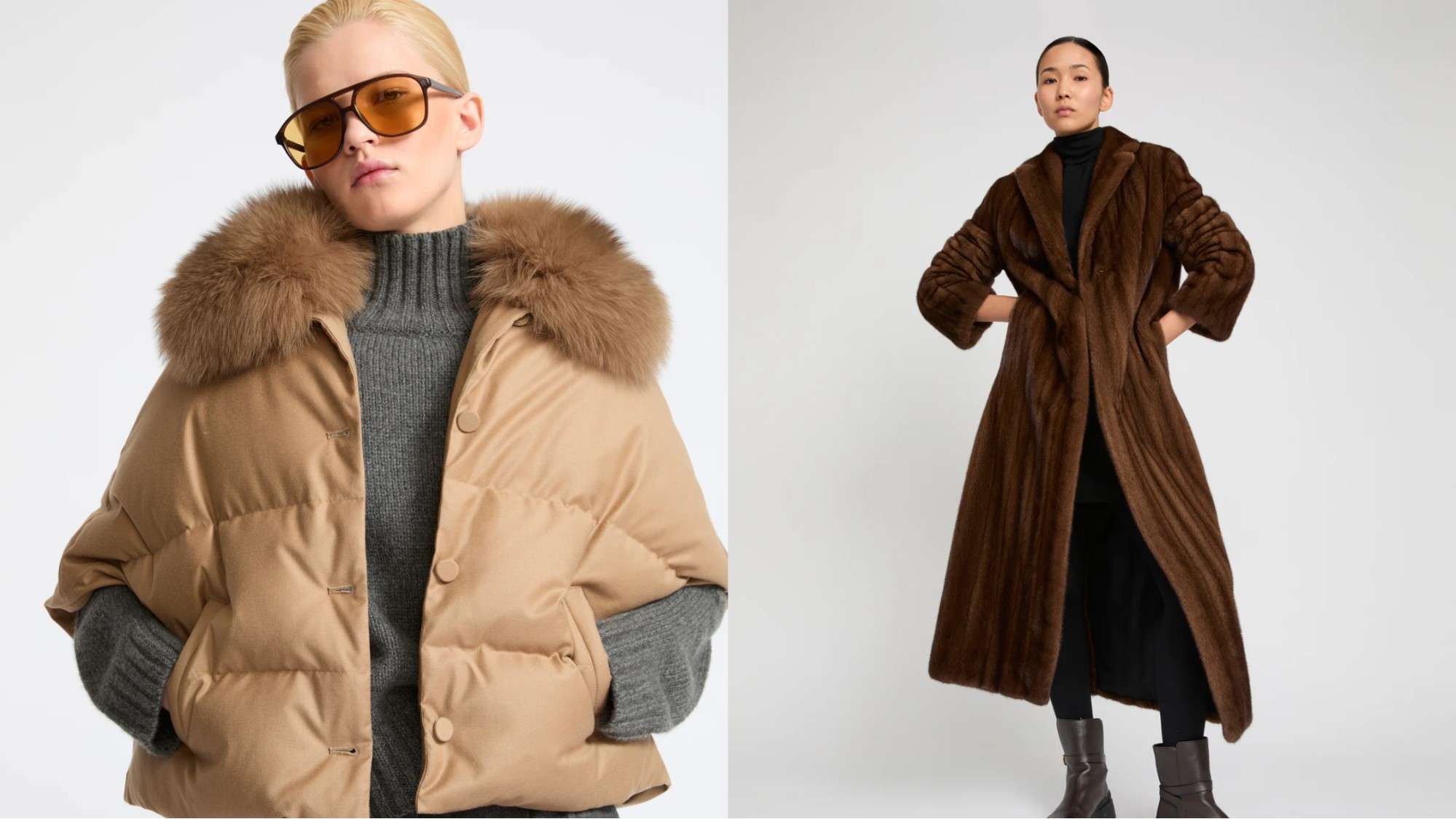 Two models showcasing stylish designer fur coats, one with a fur-collared puffer and the other in a luxurious brown fur coat.
