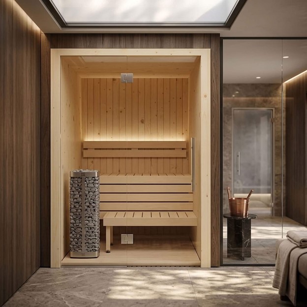 Modern luxury home sauna with wooden benches, rock heater, and a glass wall, showcasing a serene and inviting design.