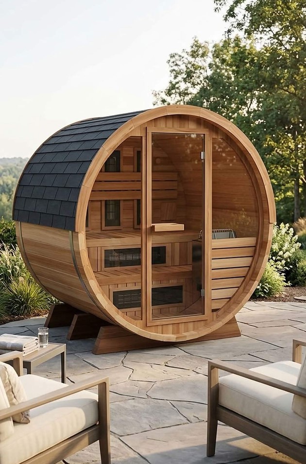 Luxurious round wooden sauna with glass door, surrounded by outdoor seating and greenery, ideal for home relaxation.