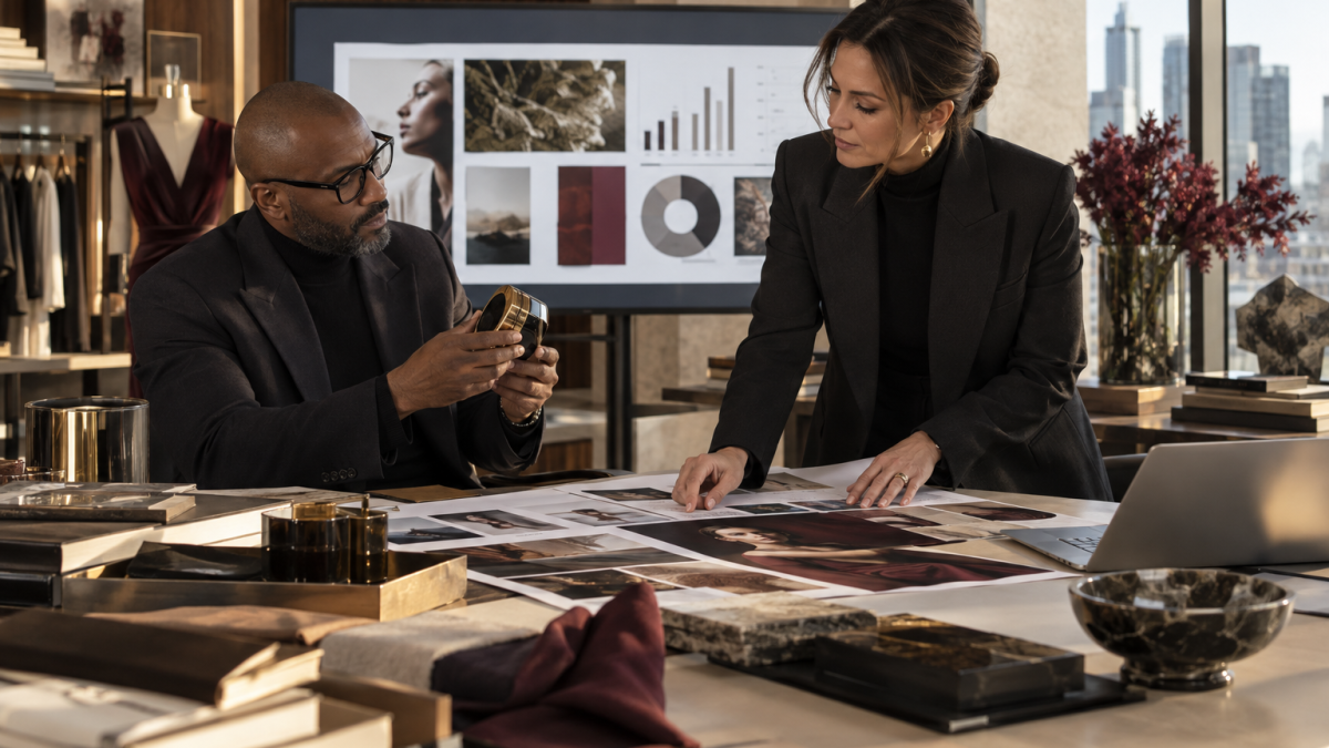 Two professionals discuss marketing materials for luxury brands in a modern office setting, surrounded by design samples and a screen.