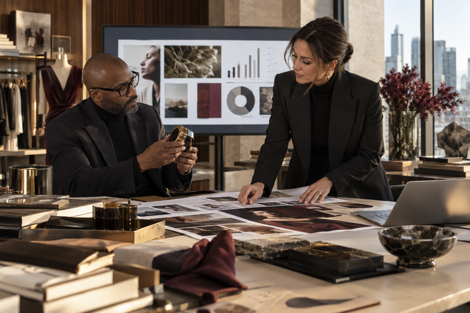 Two professionals discuss marketing materials for luxury brands in a modern office setting, surrounded by design samples and a screen.