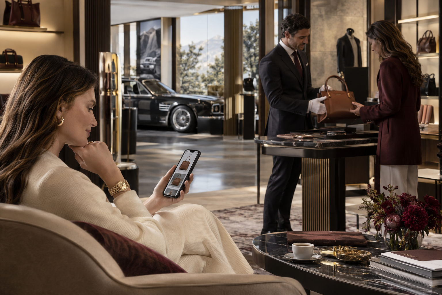 A woman sits on a couch using her phone while a man assists a customer at a luxury store, showcasing handbags.