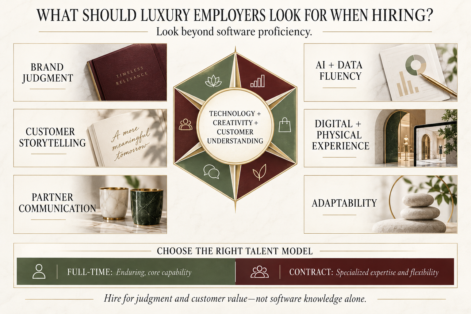 Infographic outlining key hiring considerations for luxury brands, emphasizing brand judgment, storytelling, and adaptability.