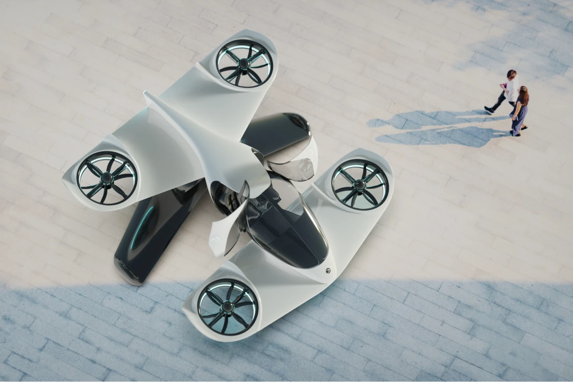 Doroni Aerospace's personal flight vehicle on display with pedestrians walking nearby, showcasing innovative design for everyday flight.
