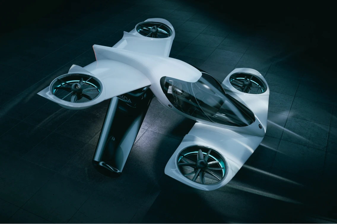 Doroni Aerospace's personal flying vehicle features a sleek design and multiple rotors for urban air mobility.