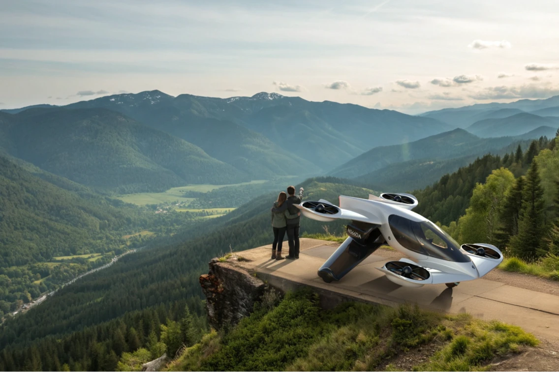 A couple admires a scenic view beside a futuristic personal aircraft at the edge of a mountain road.
