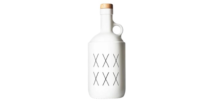 White tequila bottle with a cork top and a decorative pattern of crossed lines.