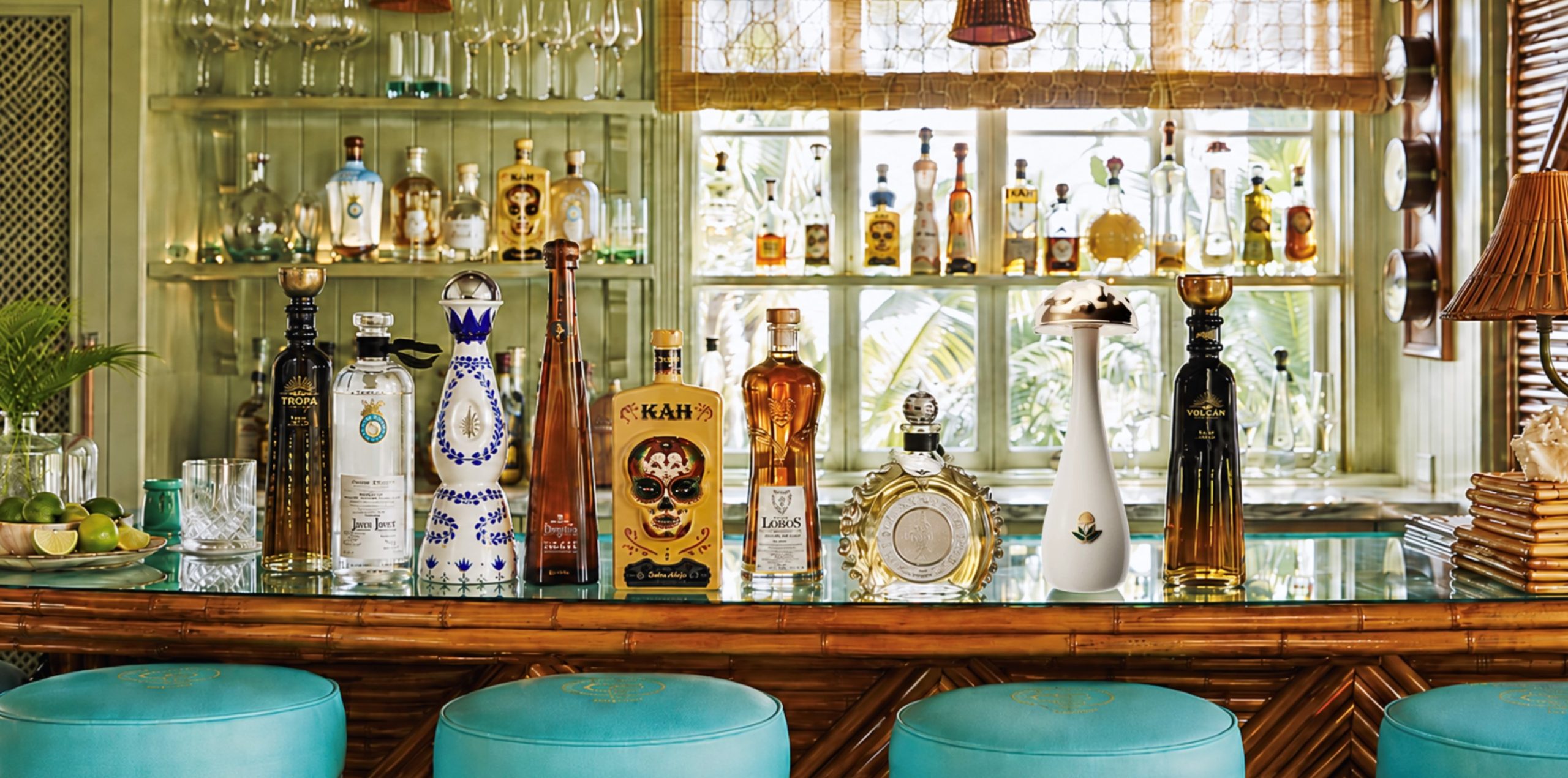 A stylish bar showcasing various unique tequila bottles against a tropical backdrop with vibrant decor and plants.
