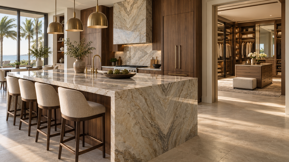 Luxurious kitchen featuring a marble island, stylish bar stools, and a spacious walk-in closet with modern furnishings.