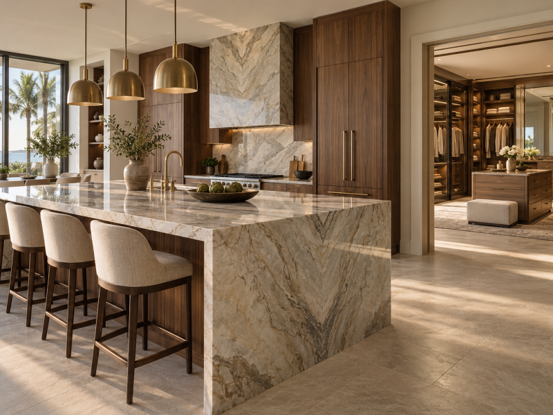 Luxurious kitchen featuring a marble island, stylish bar stools, and a spacious walk-in closet with modern furnishings.