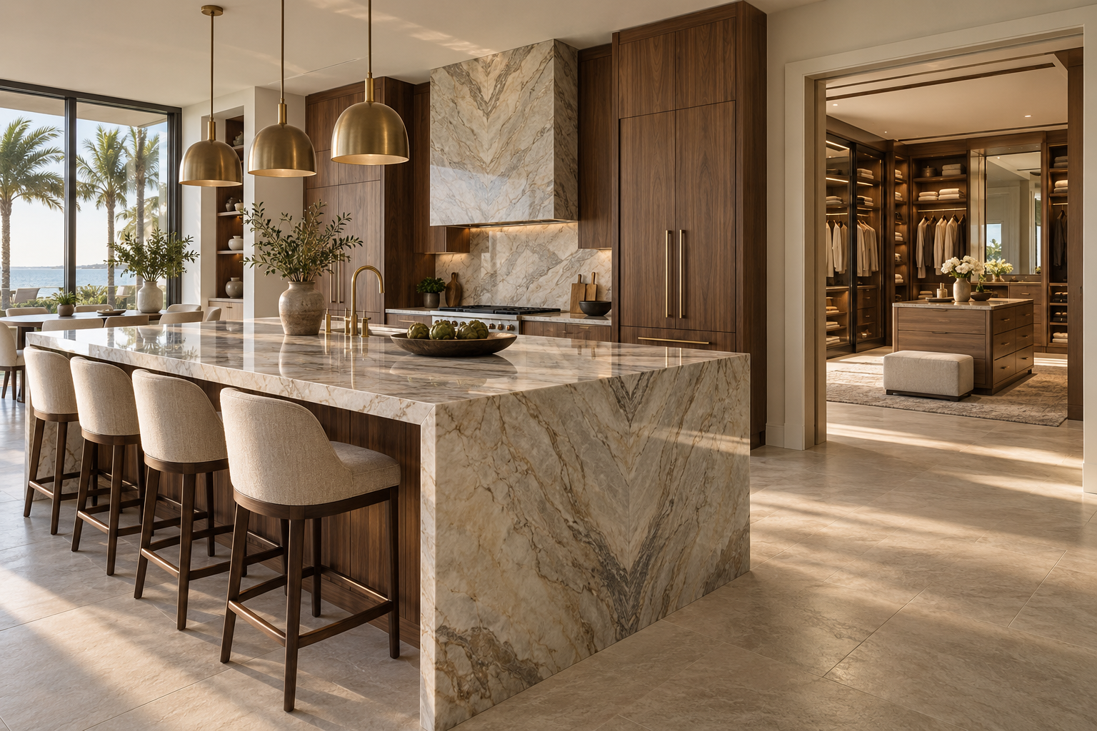 Luxurious kitchen featuring a marble island, stylish bar stools, and a spacious walk-in closet with modern furnishings.