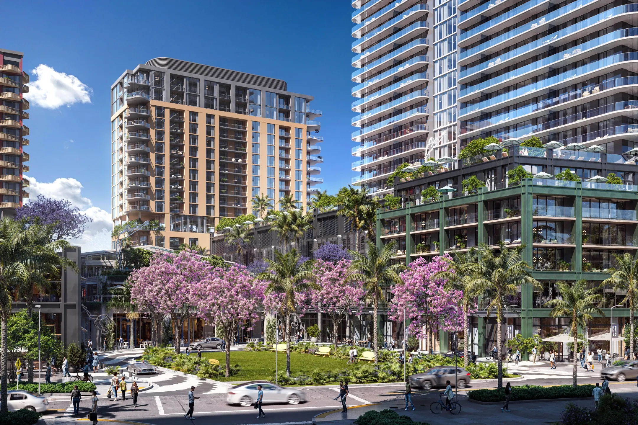 A vibrant street view of Midtown Miami featuring luxury buildings, blooming trees, and pedestrians enjoying the urban landscape.