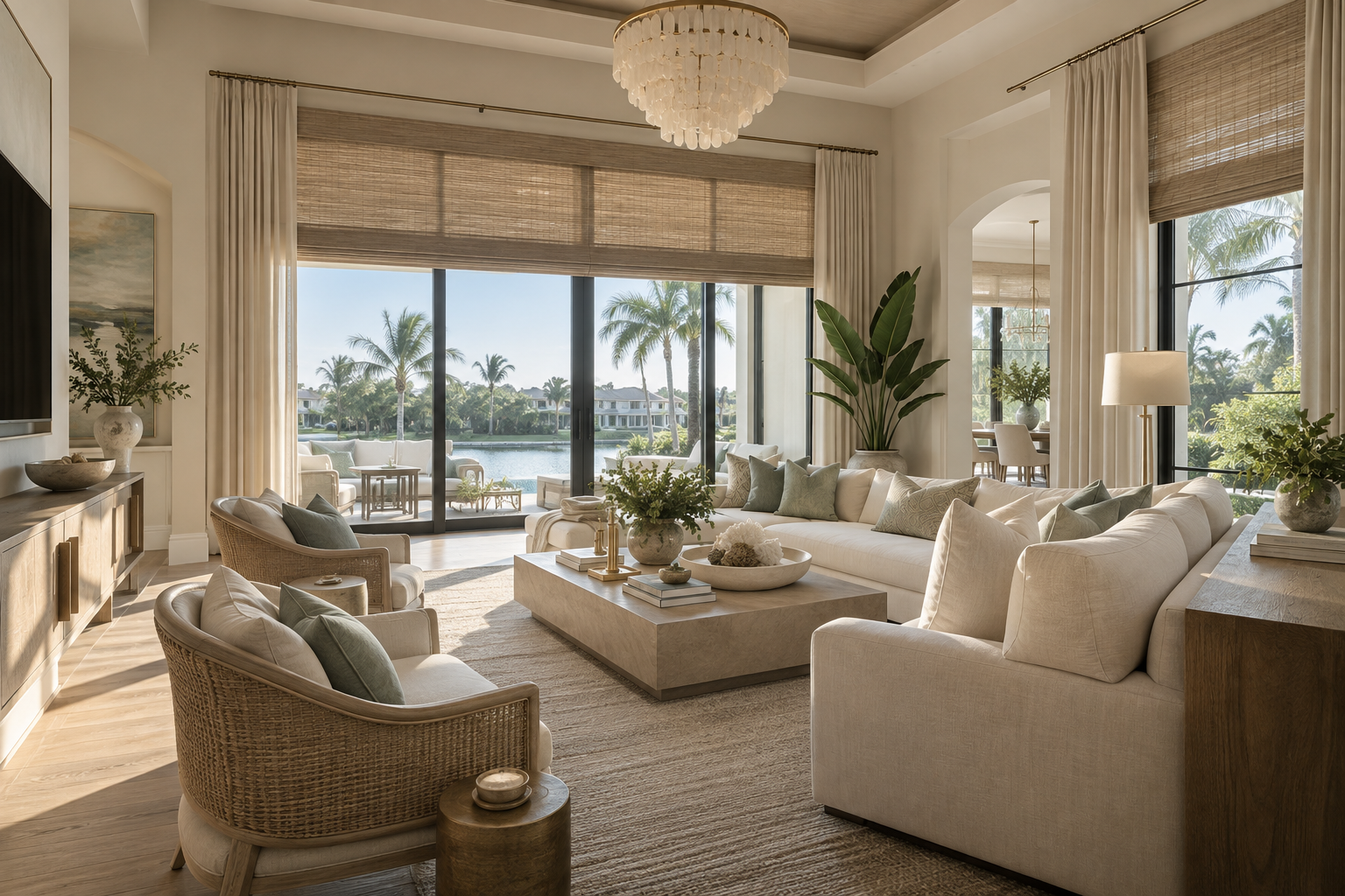 Elegant living room overlooking a waterfront, featuring a plush sofa, natural light, and tropical plants.