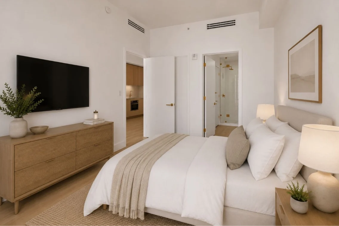 Modern bedroom with a large bed, cozy linens, television, and a glimpse of an open kitchen in Midtown Miami.