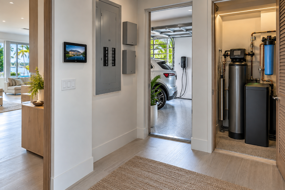 Modern entryway leading to a garage with a sleek car, featuring electrical panels and a water filtration system on display.