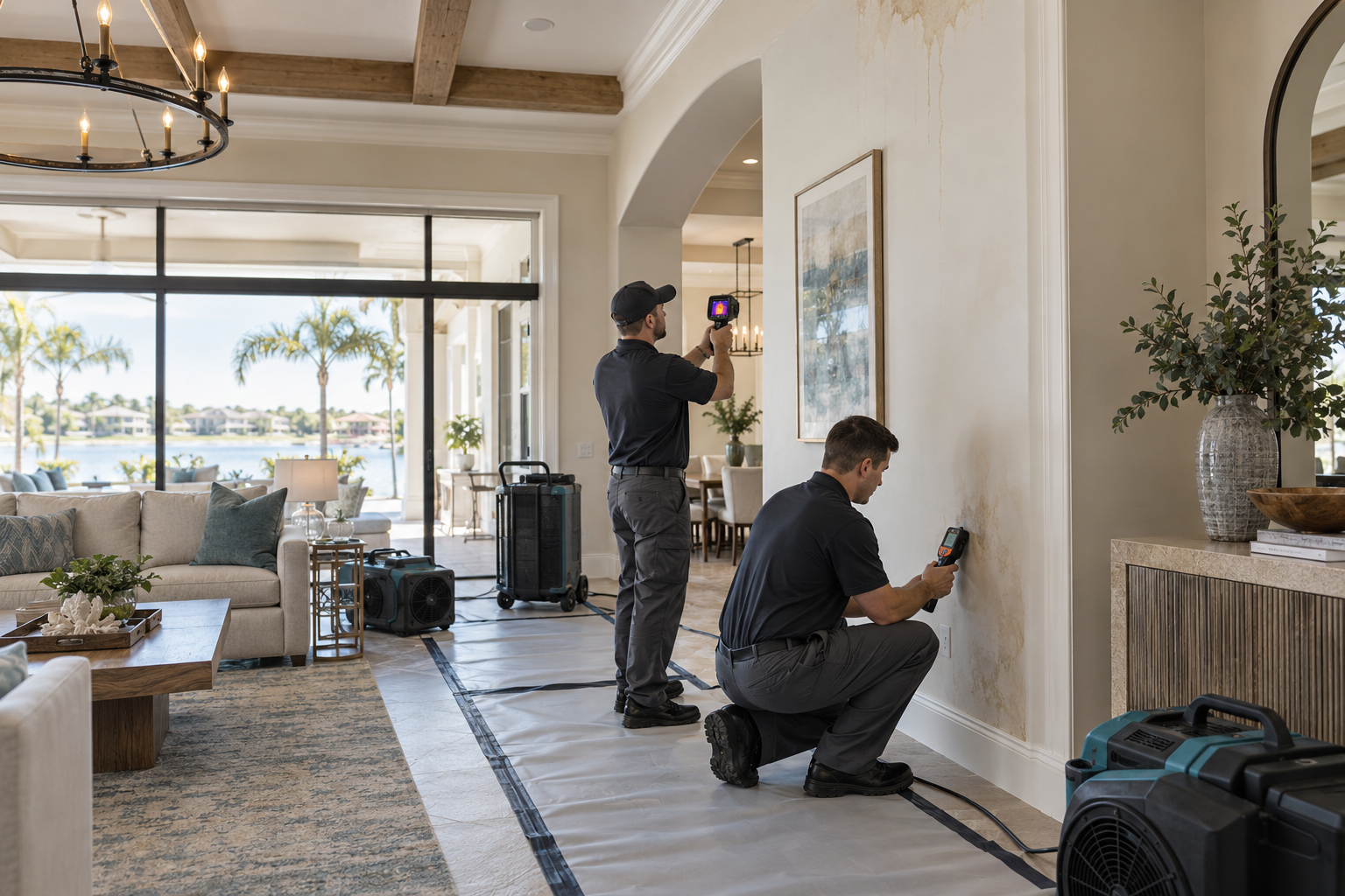 Technicians assess water damage in a luxury home, using equipment on the wall and drying machines in a spacious living area.