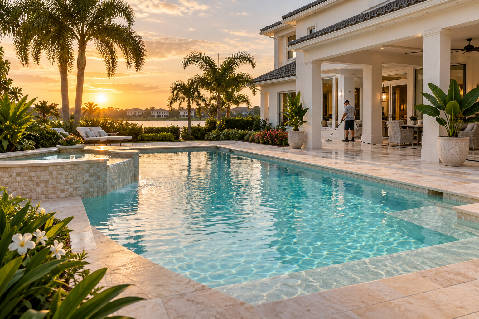 Elegant pool area at a luxury home in Lakewood Ranch during sunset, featuring lush landscaping and a worker maintaining the space.