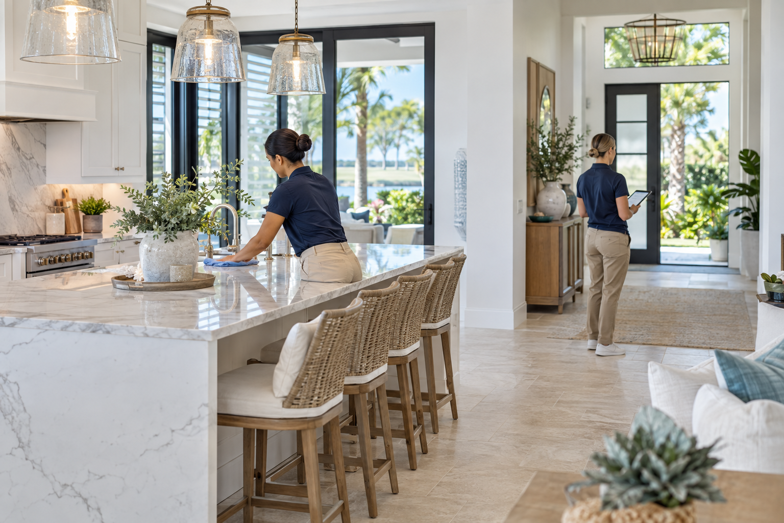 Two service professionals attend to tasks in a stylish kitchen featuring modern decor and a view of lush landscaping outside.