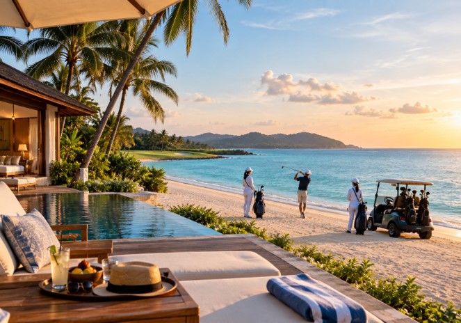 Luxurious beachfront villa with a golf scene at sunset, featuring golfers and a golf cart by the serene ocean.