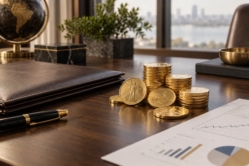 A collection of gold coins stacked on a wooden desk, symbolizing wealth preservation and investment strategies.