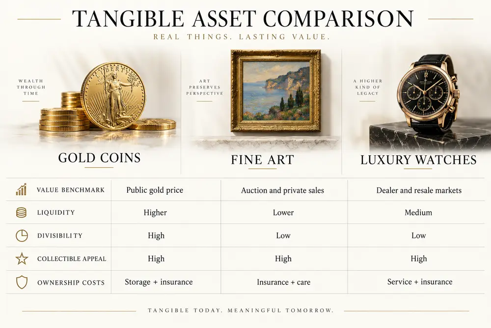 Comparison of gold coins, fine art, and luxury watches on value benchmarks, liquidity, divisibility, collectible appeal, and ownership costs.