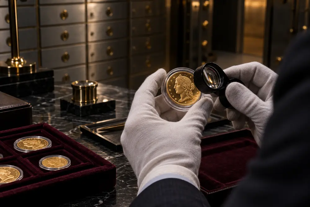A hand in white gloves examines a rare gold coin with a magnifying glass in a secure vault setting.
