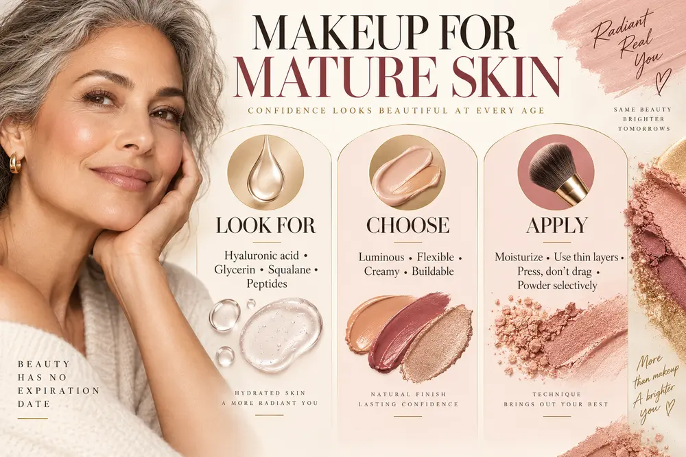Guide to hydrating makeup ingredients, finishes and application techniques for mature skin