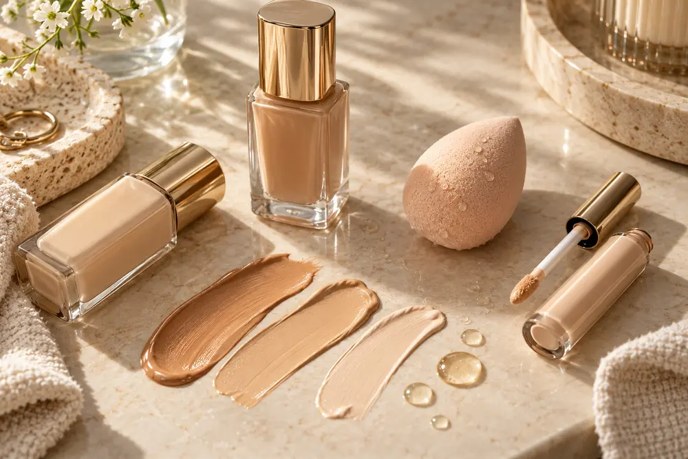 Hydrating foundation and creamy concealer textures in an elegant beauty still life